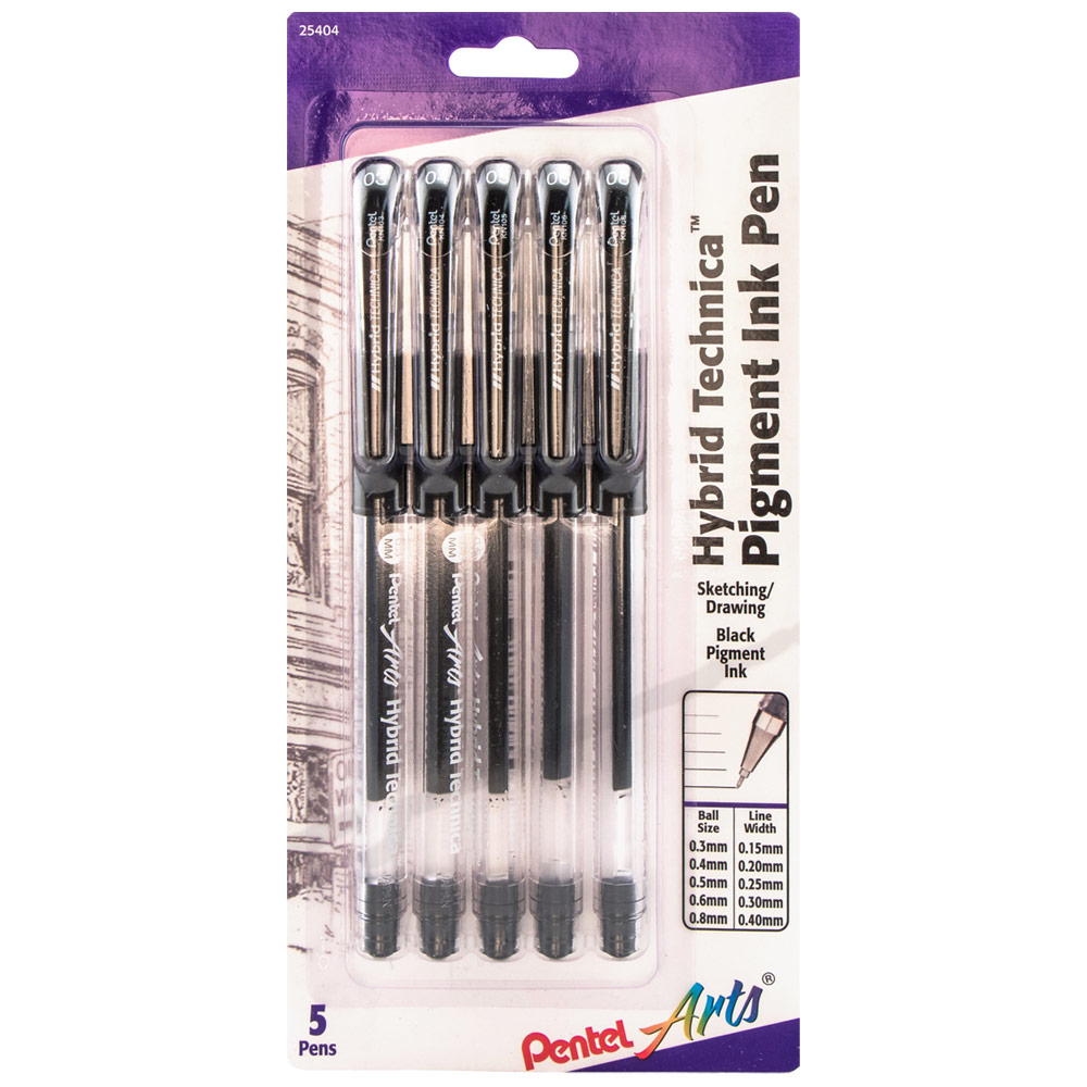 Pentel Arts Hybrid Technica Gel Pen 5 Pack Assorted Black