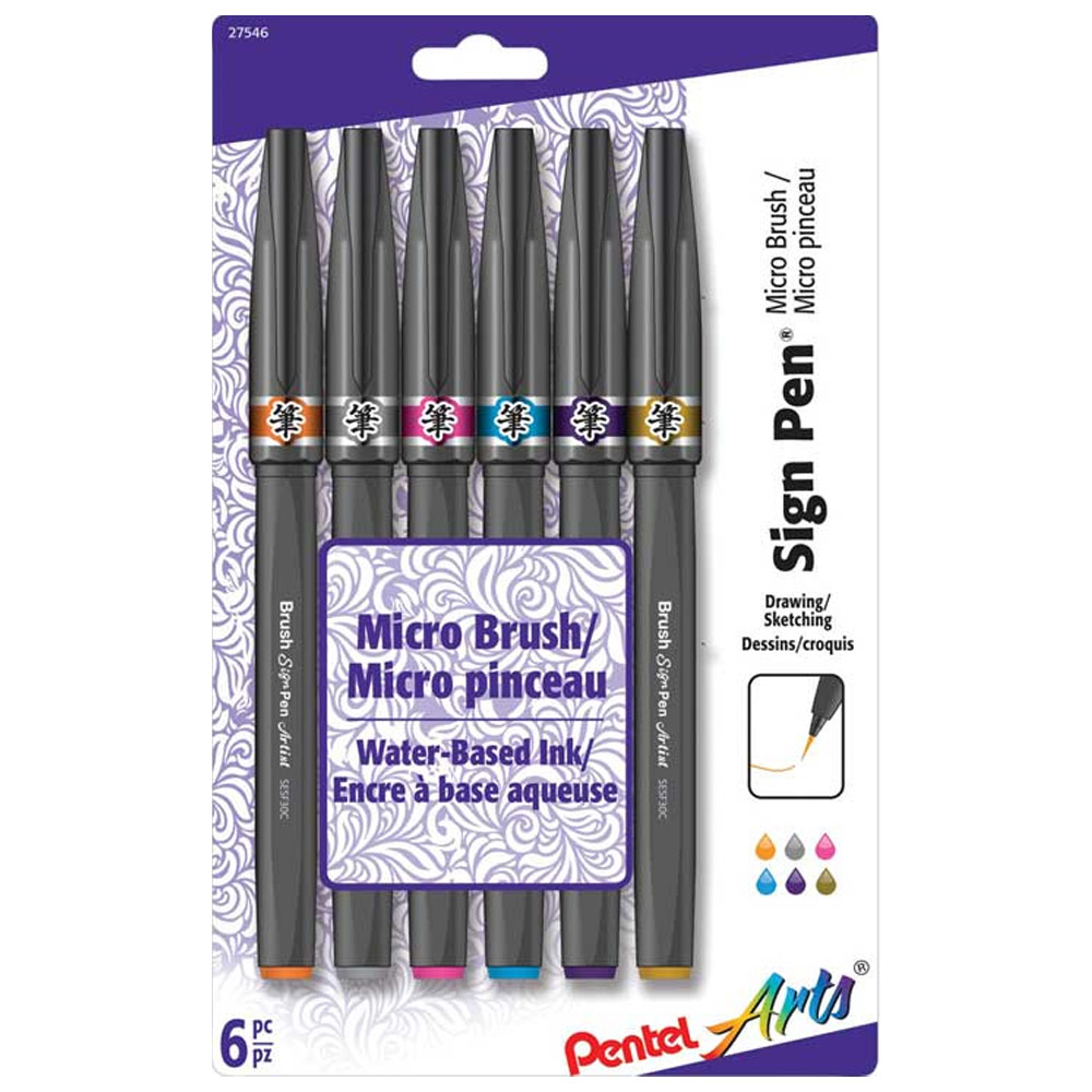 Pentel Arts Sign Pen Micro Brush 6 Set #2 Assorted