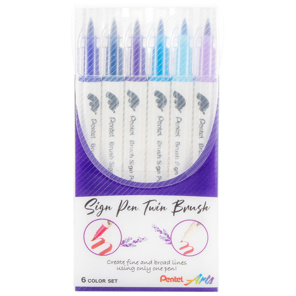 Pentel Arts Sign Pen Twin Brush 6 Set Blue Hues