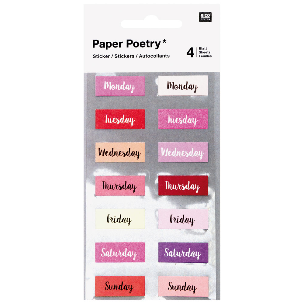Rico Design Paper Poetry Sticker Sheet 4 Set Weekdays Pink