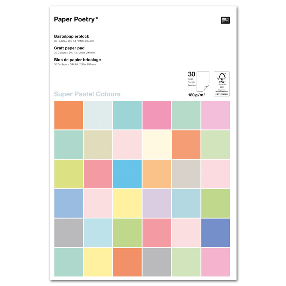 Rico Design Paper Poetry A4 Craft Paper 30 Sheets 8.3"x11.7" Pastel