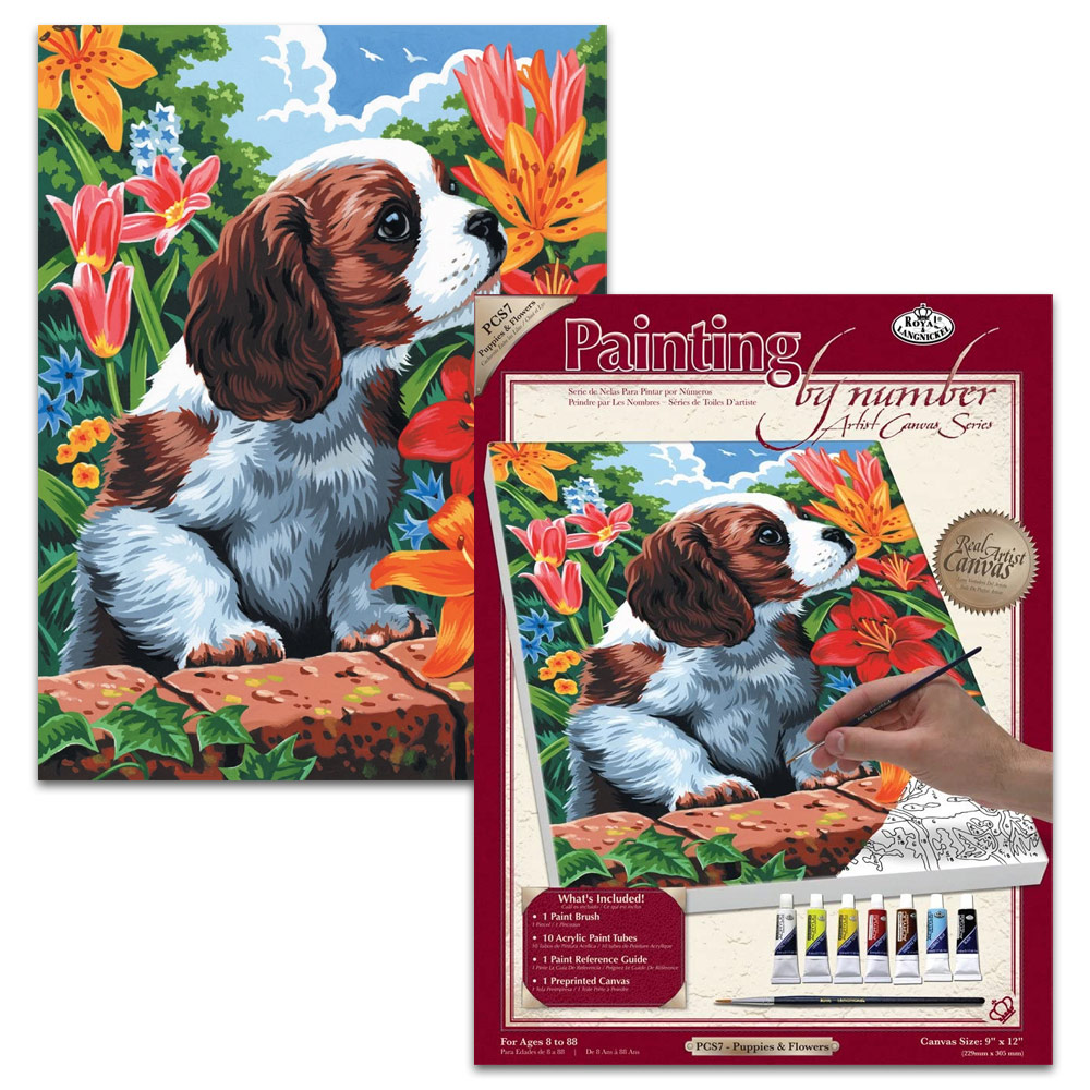 Royal Brush Painting by Number Artist Canvas Series 9"x12" Puppy & Flowers