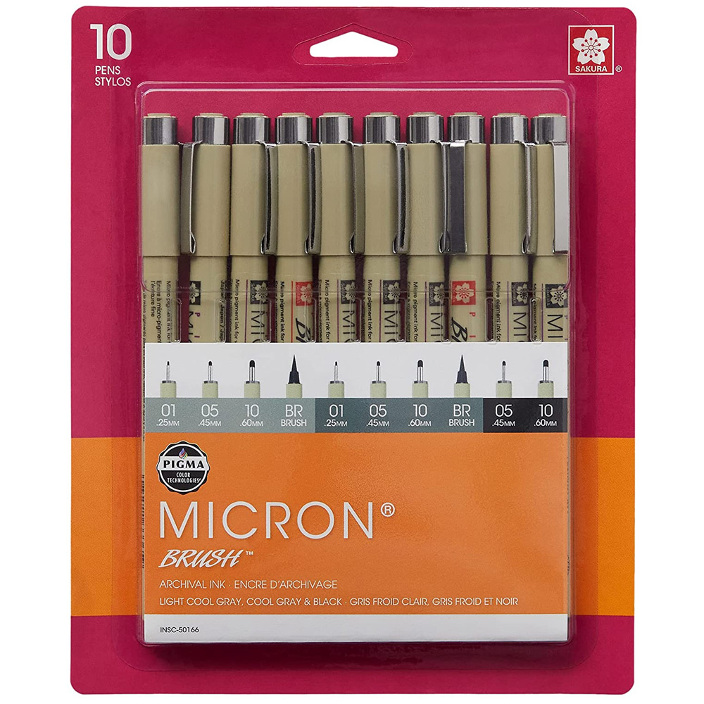 Sakura Pigma Micron Pen 10 Set Assorted Grays & Black