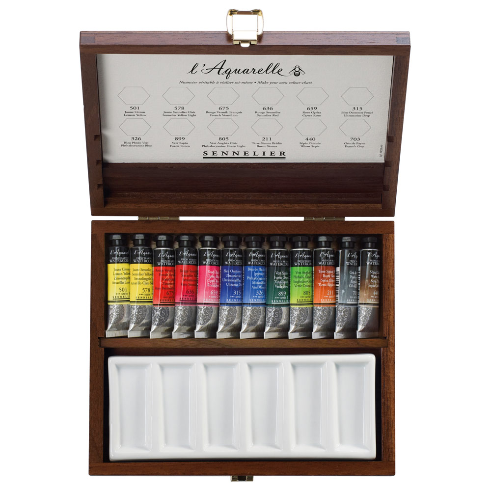 Sennelier L'Aquarelle Watercolor Tube 12 x 10ml Set Walnut Wood Box