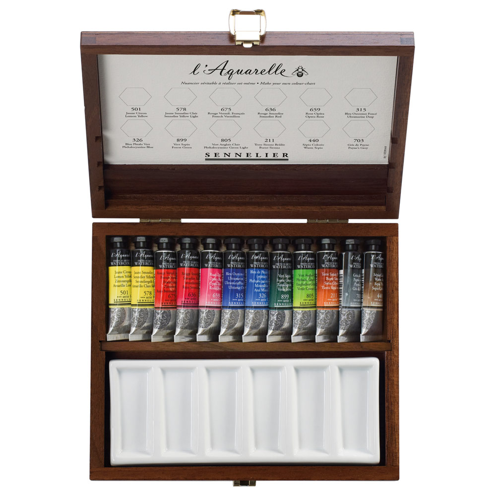 Sennelier L'Aquarelle Watercolor Tube 12 x 10ml Set Walnut Wood Box