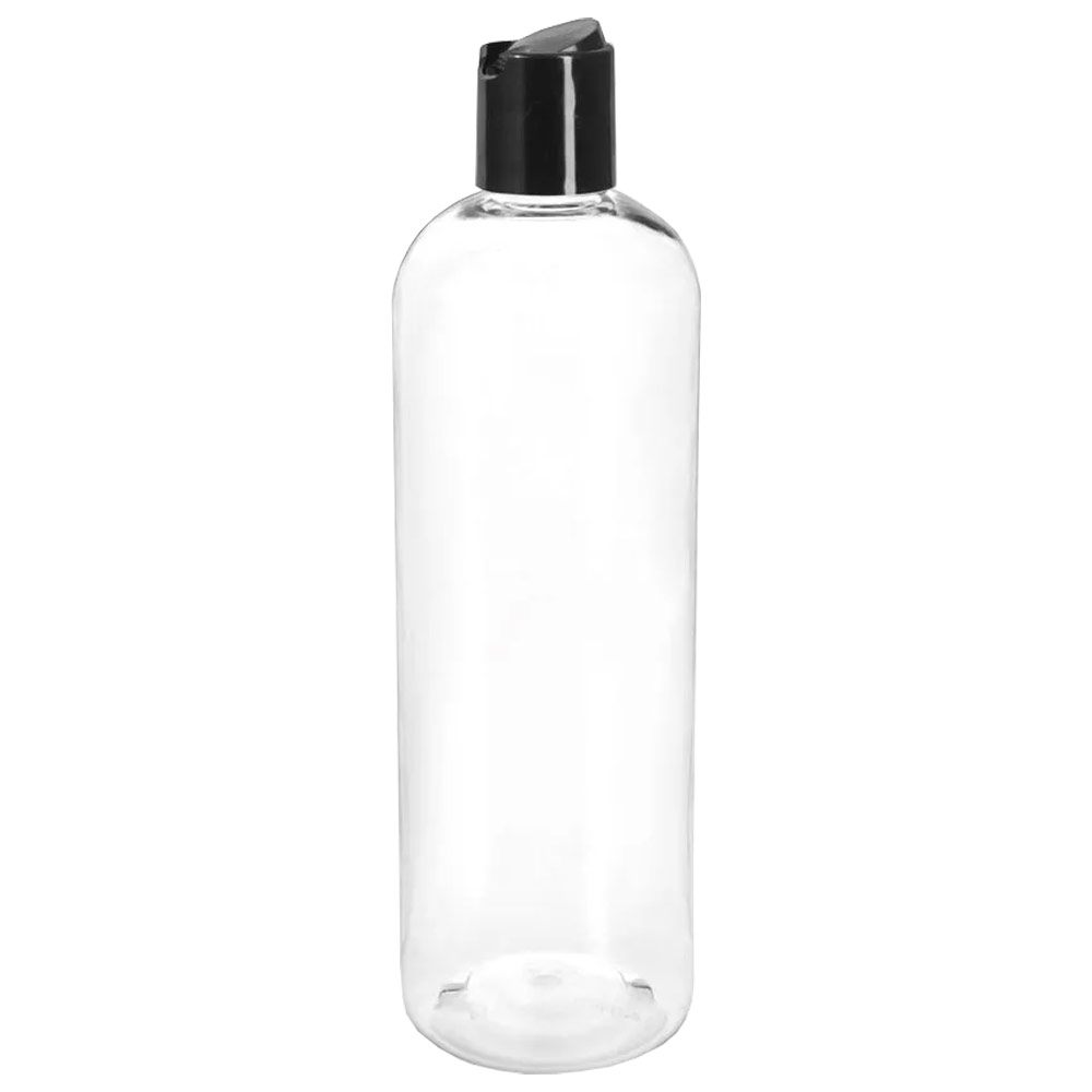 Clear PET Cosmo Round Bottle w/Smooth Black Cap 16oz