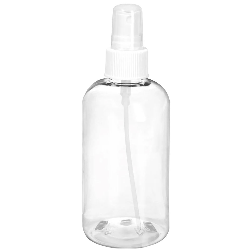 Clear Plastic PET Boston Round Bottle w/White Mist Sprayer 8oz