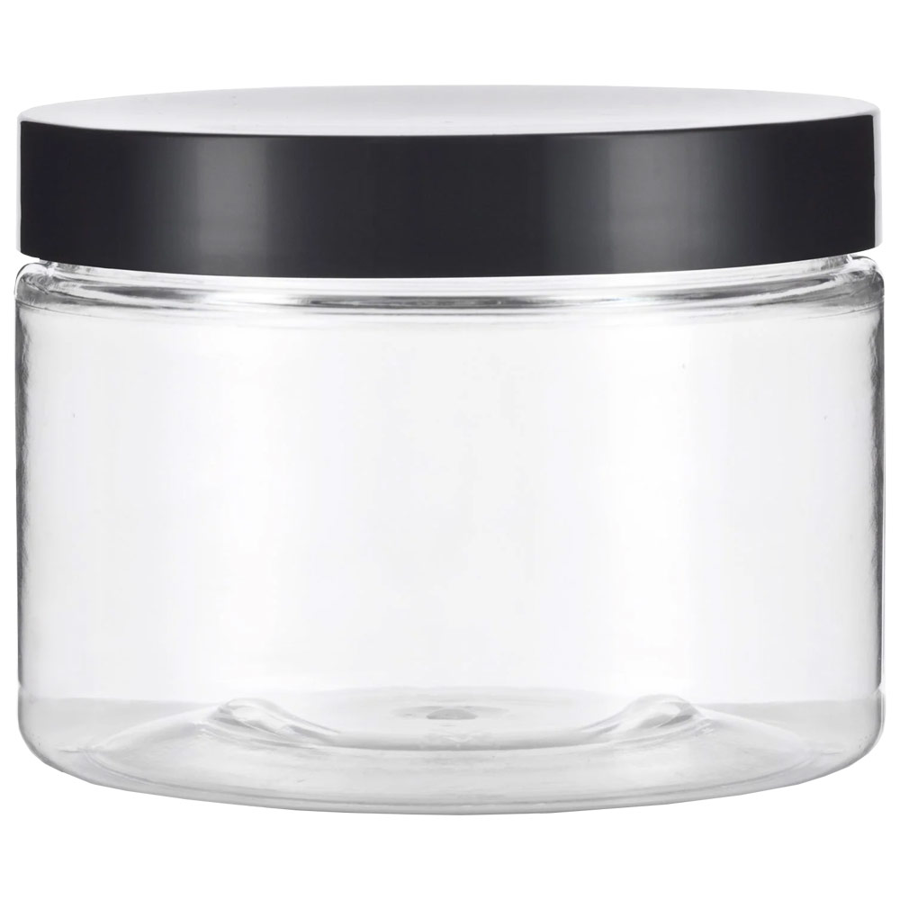 SKS Clear Plastic Straight Sided Jar w/Black Cap 12oz