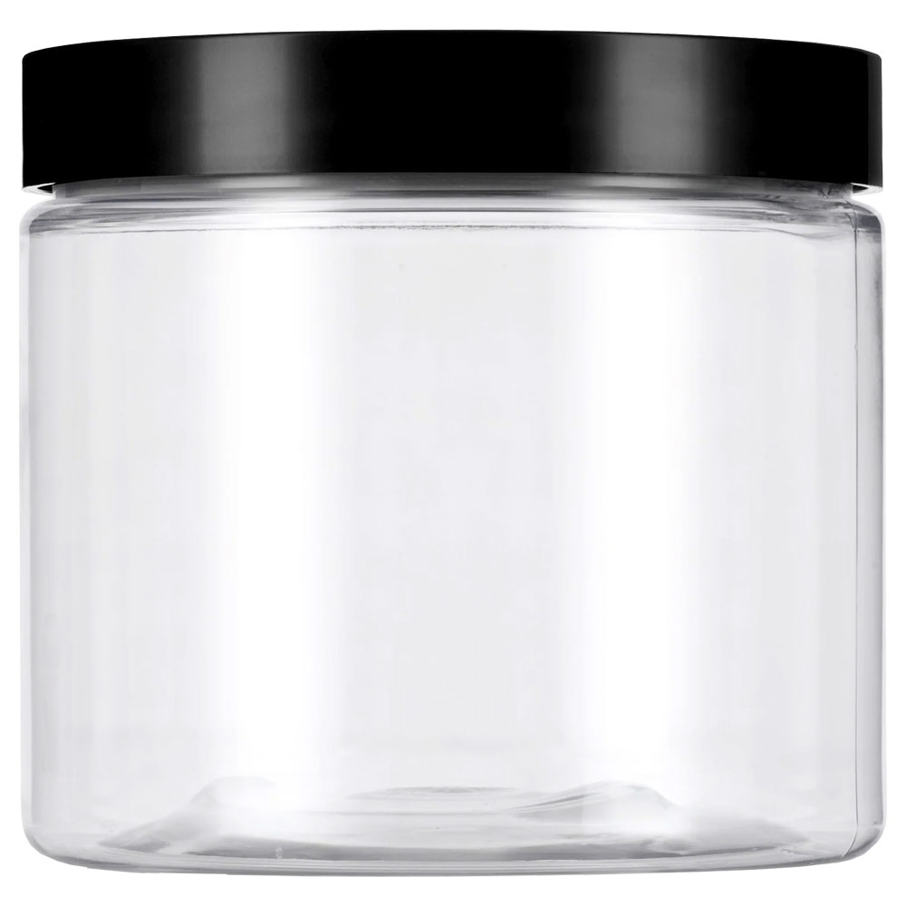 SKS Clear Plastic Straight Sided Jar w/Black Cap 16oz