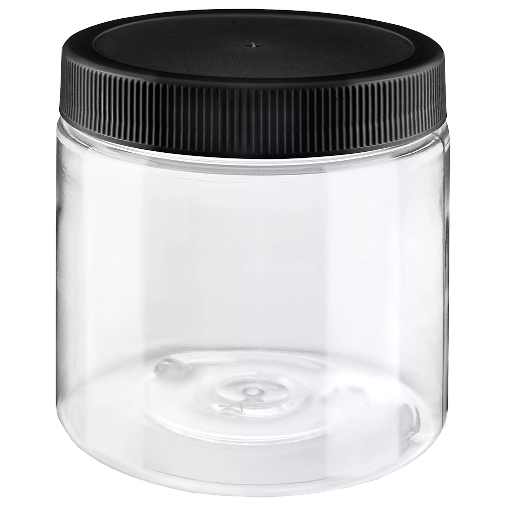 SKS Clear Glass Jar w/ Lined Plastic Black Ribbed Cap 16oz