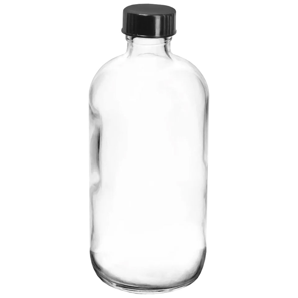 Clear Glass Round Bottle w/Black Phenolic Lined Cap 8oz