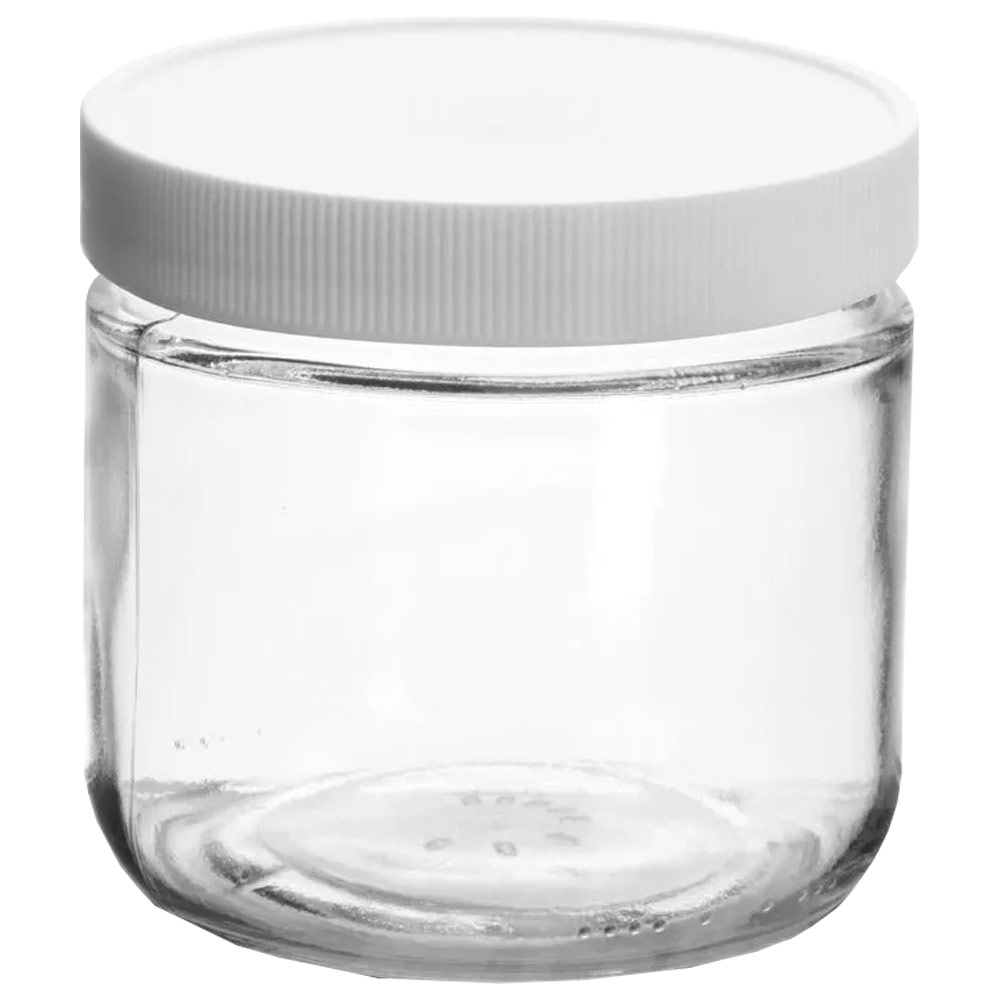 Clear Glass Jar w/Lined White Plastic Cap 12oz