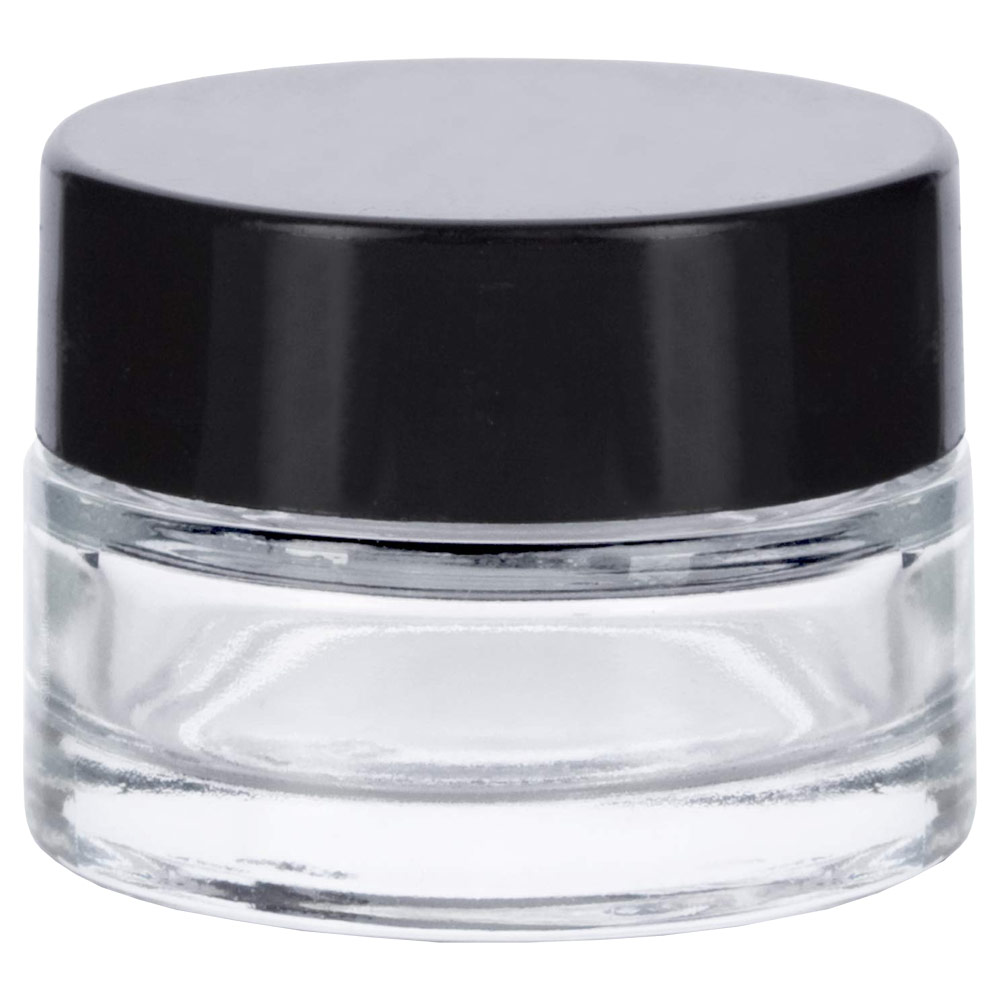 SKS Clear Glass Thick Cosmetic Jar w/Smooth Black Cap 0.25oz