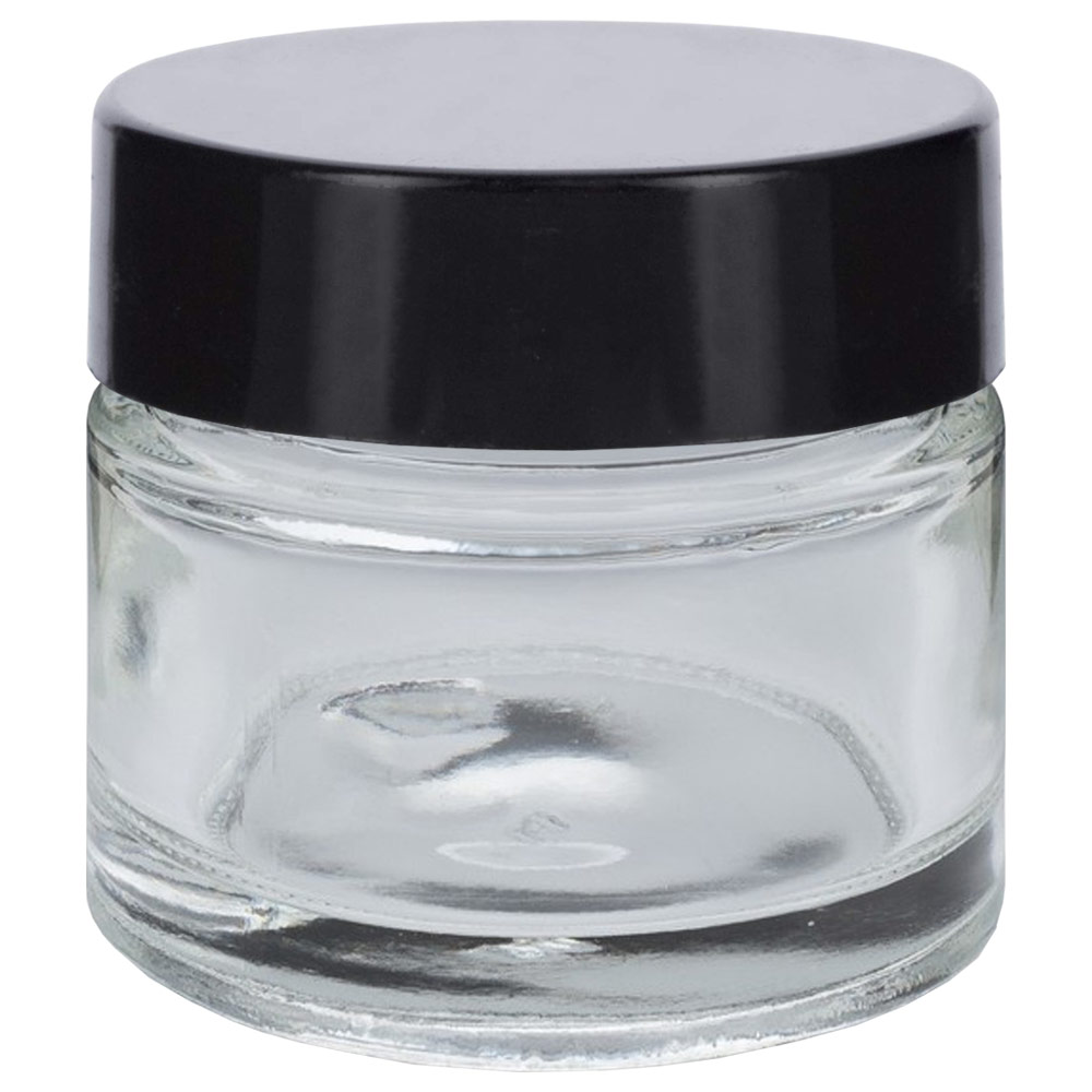 SKS Clear Glass Thick Cosmetic Jar w/Smooth Black Cap 2.3oz