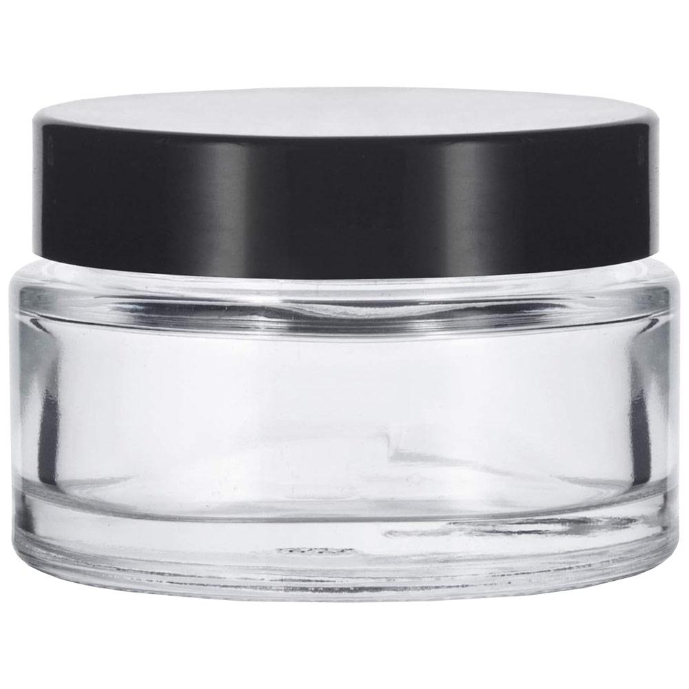 SKS Clear Glass Thick Cosmetic Jar w/Smooth Black Cap 1oz
