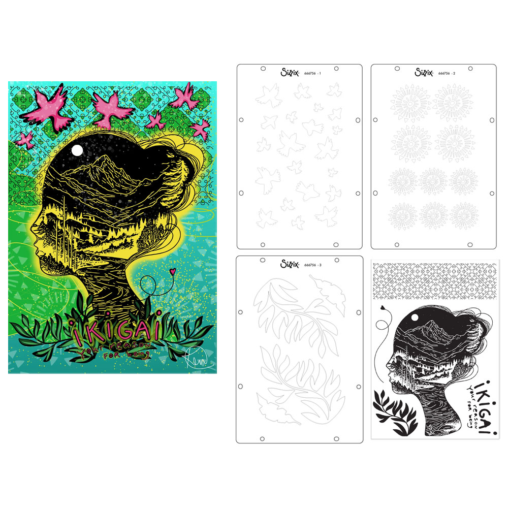 Sizzix Studio Stamp & Stencil 8 Set Cat Kerr Ikagi