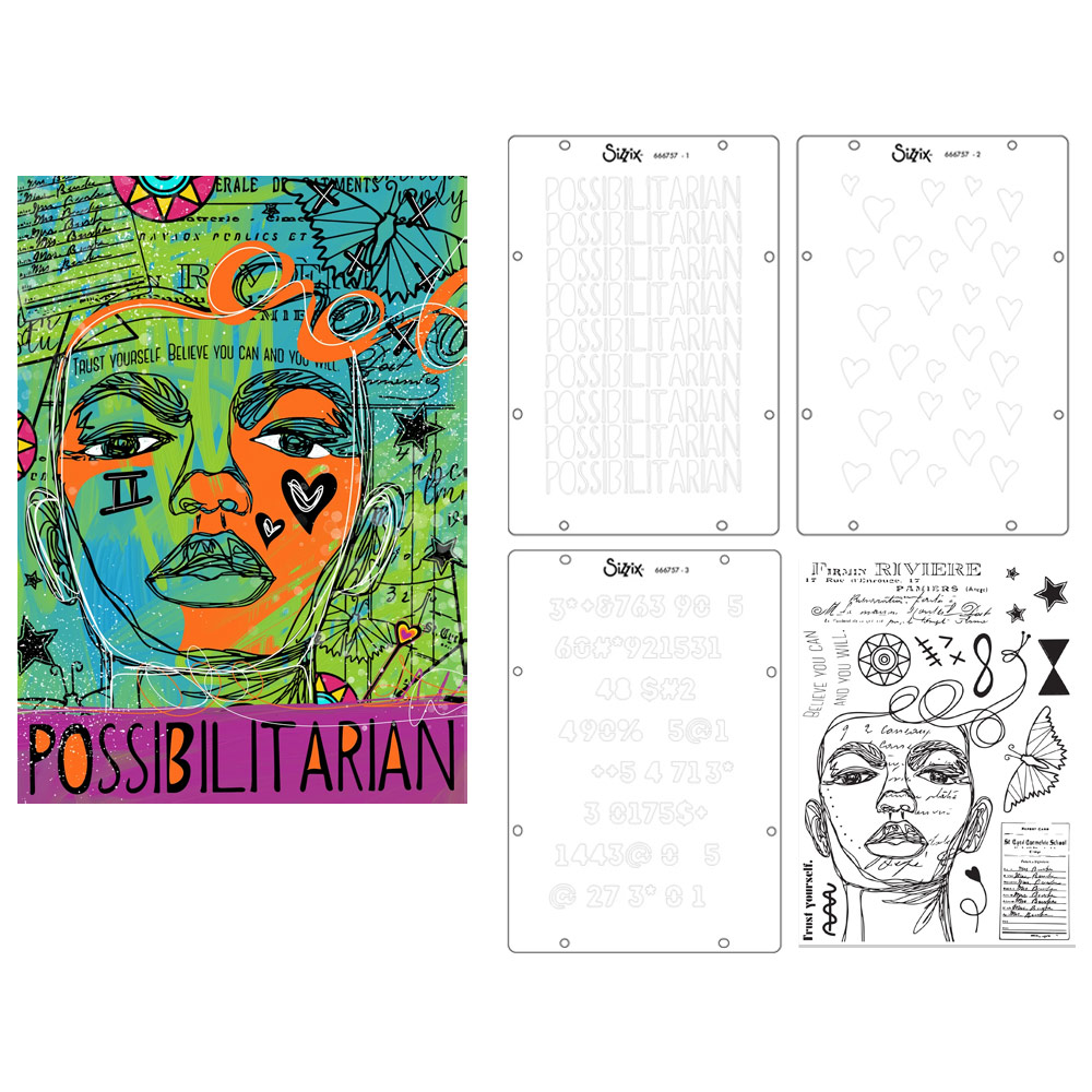 Sizzix Studio Stamp & Stencil 16 Set Cat Kerr Possibilitarian