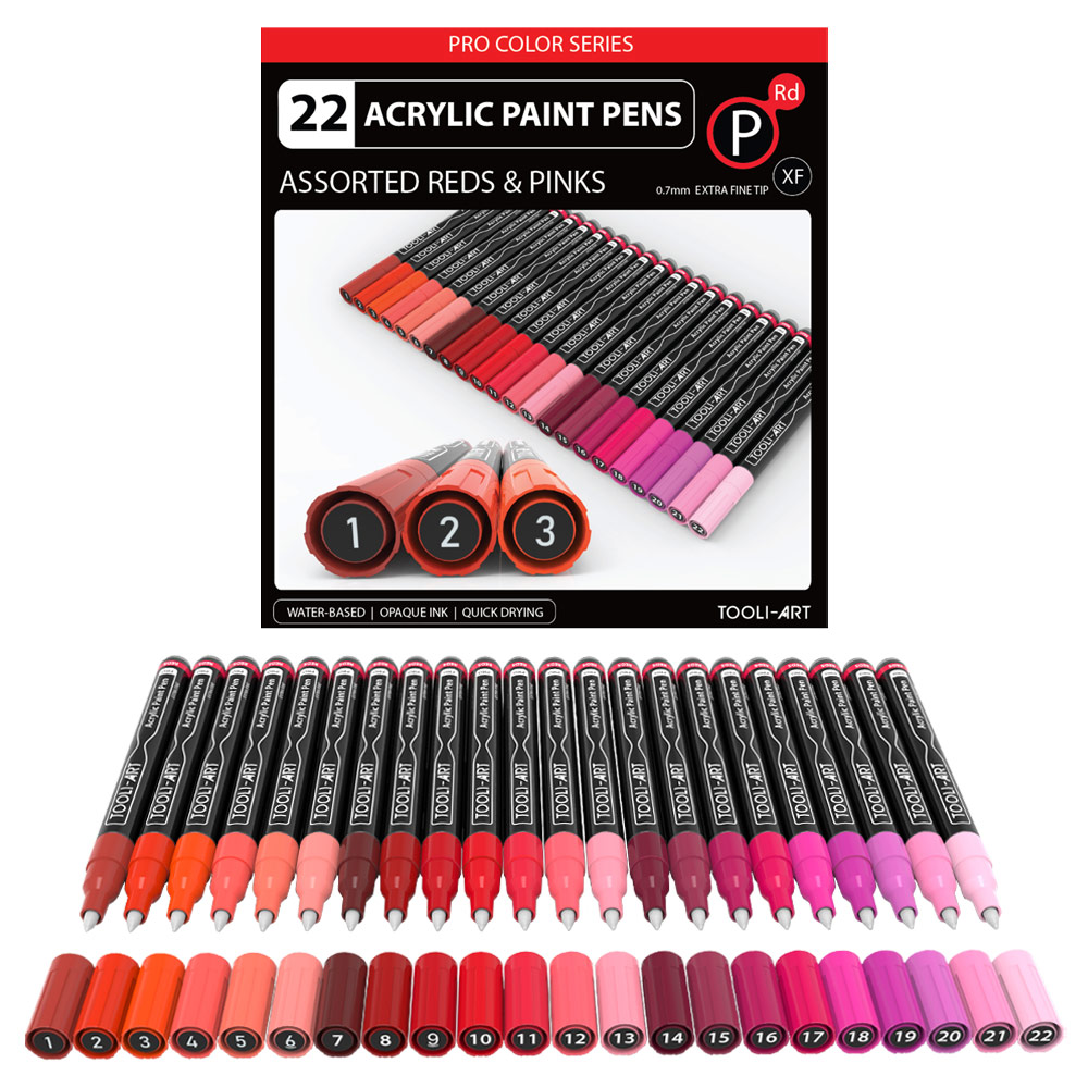 TOOLI-ART Acrylic Paint Pens 22 Assorted Red And Pink Pro Color Series