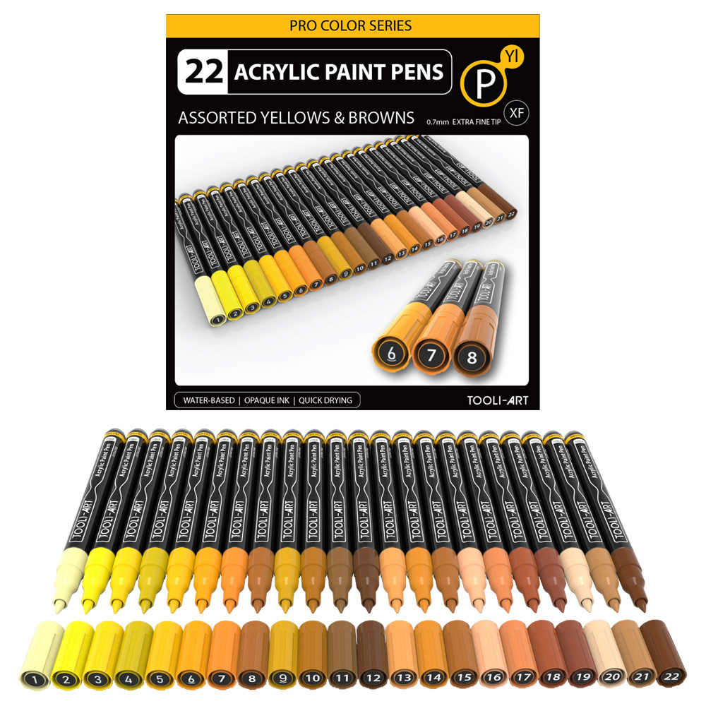 Tooli-Art Acrylic Paint Pens 22 Set Pro Color Series Yellow & Brown Extra