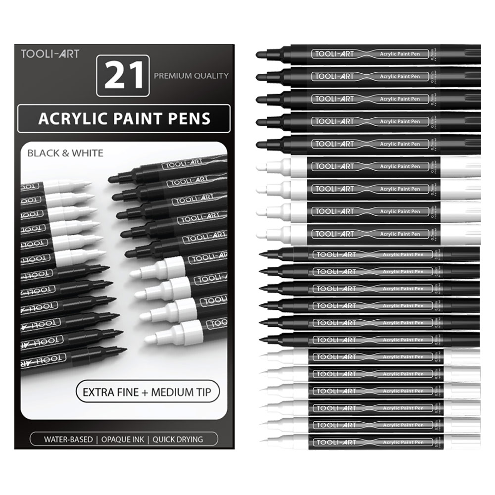 Tooli-Art Acrylic Dual Sided Paint Pens 21 Set Black & White