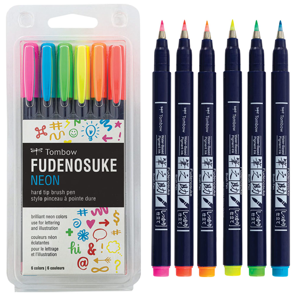 Tombow Fudenosuke Hard Tip Brush Pen 6 Set Neon
