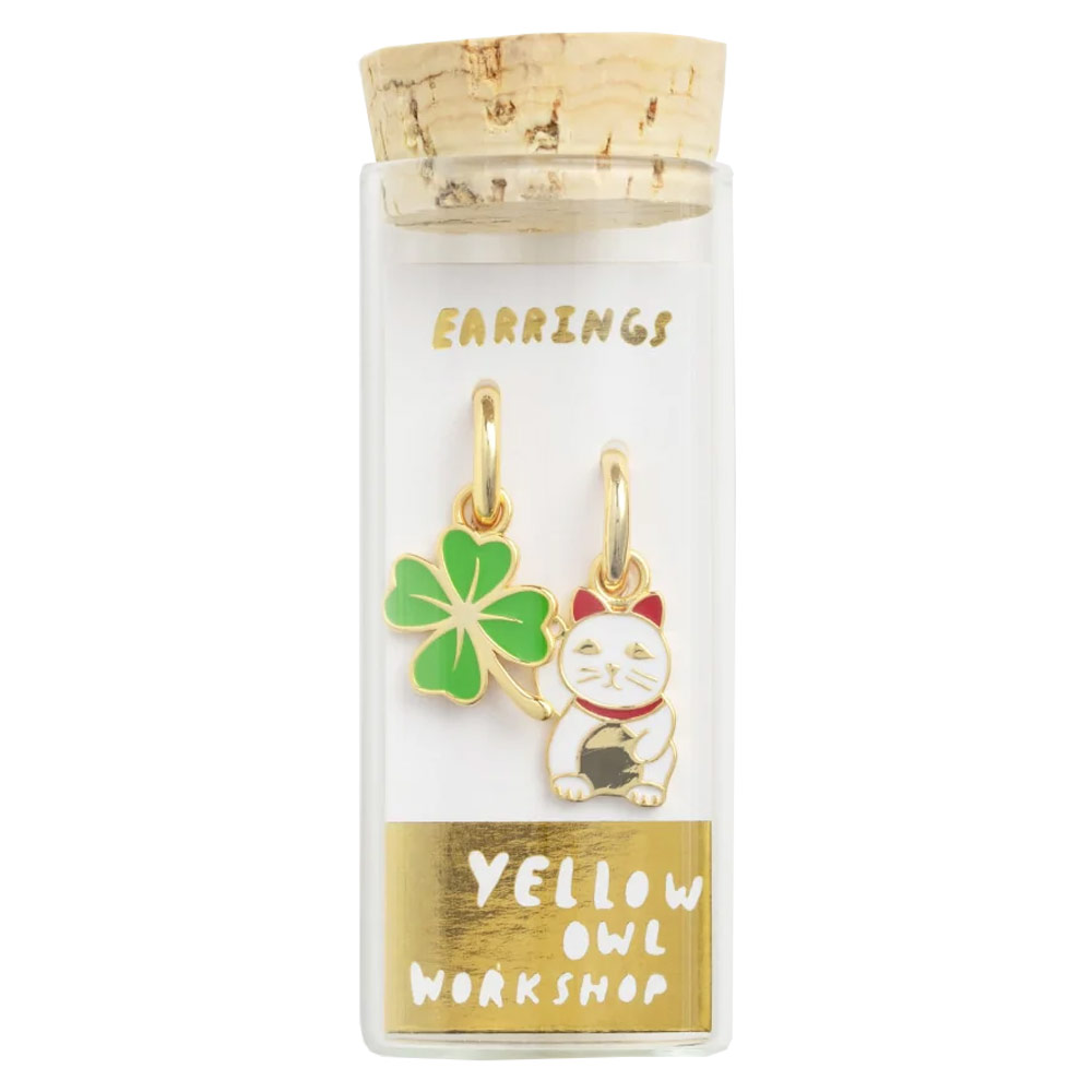 Yellow Owl Workshop Hoop Earrings Lucky Cat & Clover