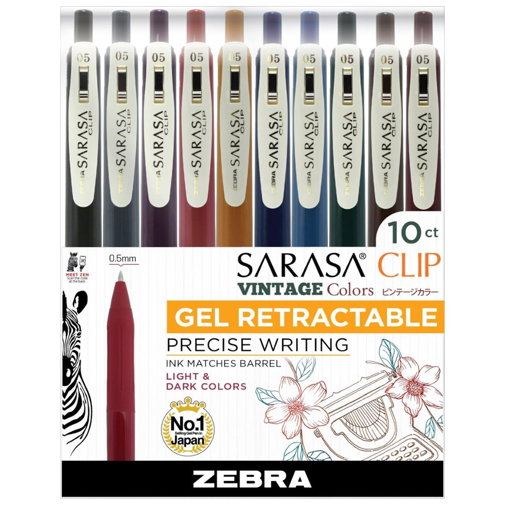 Zebra SARASA Clip Vintage Retractable Gel Pen 0.5mm 10 Pack Light & Dark