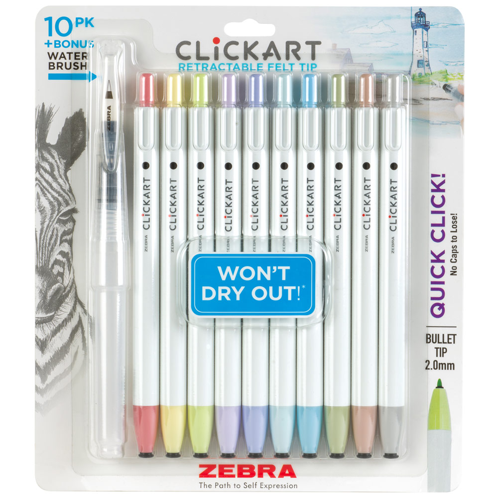 Zebra ClickArt Marker Pen 0.6mm + Waterbrush 10 Set Assorted