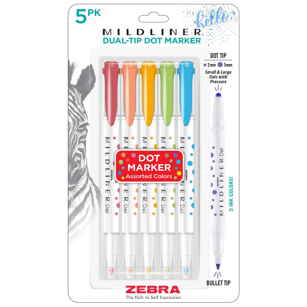 Zebra Mildliner Dual-Tip Dot Marker 5 Pack Assorted