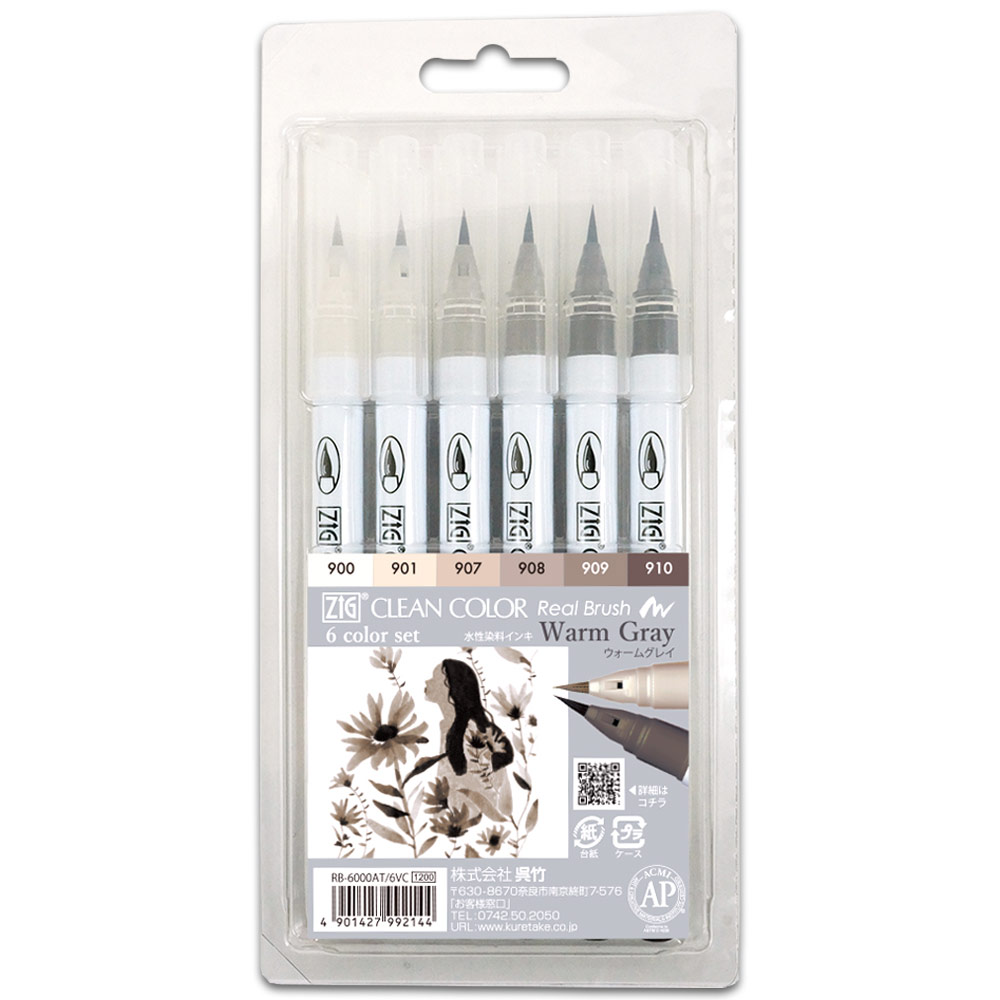 Zig Clean Color Real Brush Pen 6 Set Warm Gray