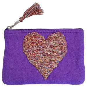 Aitoh Nepali Embroidered Heart Felted Pouch 4"x6" Purple