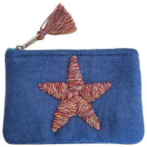 Aitoh Nepali Embroidered Star Felted Pouch 4"x6" Blue