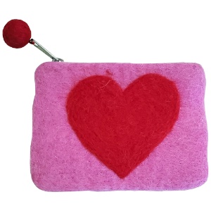 Aitoh Nepali Heart Felted Pouch 4"x6" Red on Pink