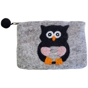 Aitoh Nepali Owl Felted Pouch 4"x6" Light Grey