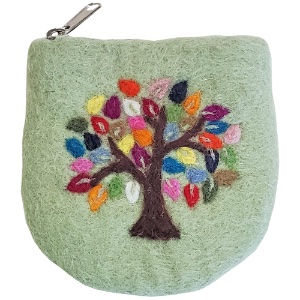 Aitoh Nepali Tree of Life Felted Pouch 5"x5" Light Green