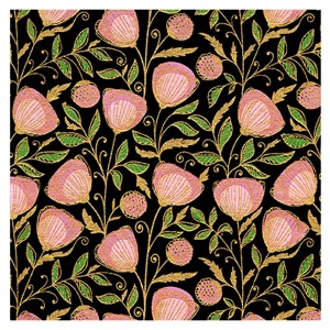 Black Ink Indian Think Pink Floral Paper 22"x30" Pink/Green/Gold on Black