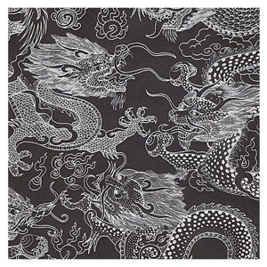Black Ink Puff Print Dragon Beasts Lokta Paper 29.5"x30" Black/White