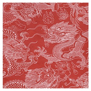 Black Ink Puff Print Dragon Beasts Lokta Paper 29.5"x30" Red/White