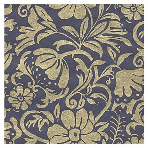 Black Ink Screenprinted Floral Moon Flowers Paper 25"x37" Gold/Blue