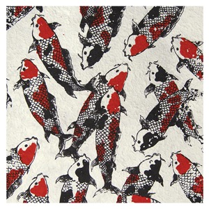 Black Ink Screenprinted Koi Fish Mulberry Paper 21"x31" Black/Red/White