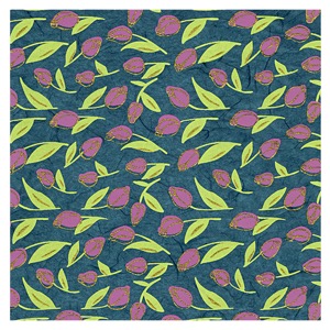 Black Ink Screenprinted Tiny Tulips Unryu Paper 25"x37" Pink/Green/Teal