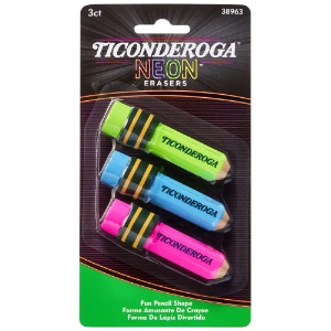 Ticonderoga Pencil Shaped Eraser 3 Pack Neon