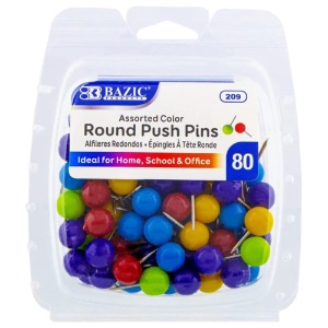 Bazic Round Push Pins 80 Pack Assorted