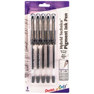 Pentel Arts Hybrid Technica Gel Pen 5 Pack Assorted Black