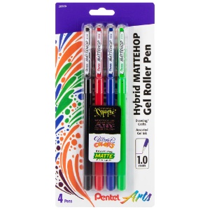 Pentel Arts MATTEHOP Hybrid Gel Roller Pen 1.0mm 4 Pack B/R/B/G