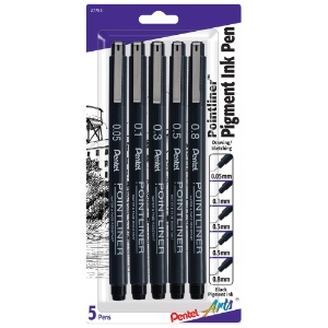 Pentel Arts Pointliner Pigment Pen 5 Pack Assorted