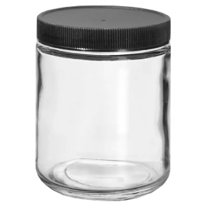 SKS Clear Glass Jar w/ Lined Plastic Black Ribbed Cap 8oz