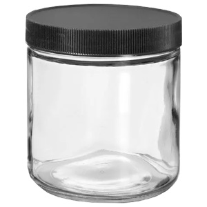 Clear Glass Jar w/Lined Black Ribbed Plastic Cap 16oz