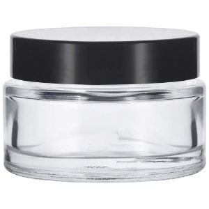 SKS Clear Glass Thick Cosmetic Jar w/Smooth Black Cap 1oz