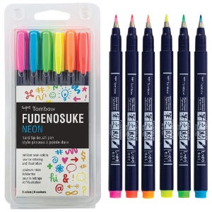Tombow Fudenosuke Hard Tip Brush Pen 6 Set Neon